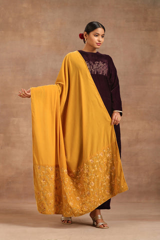 Truebrowns Mustard Velvet Embroidered Shawl