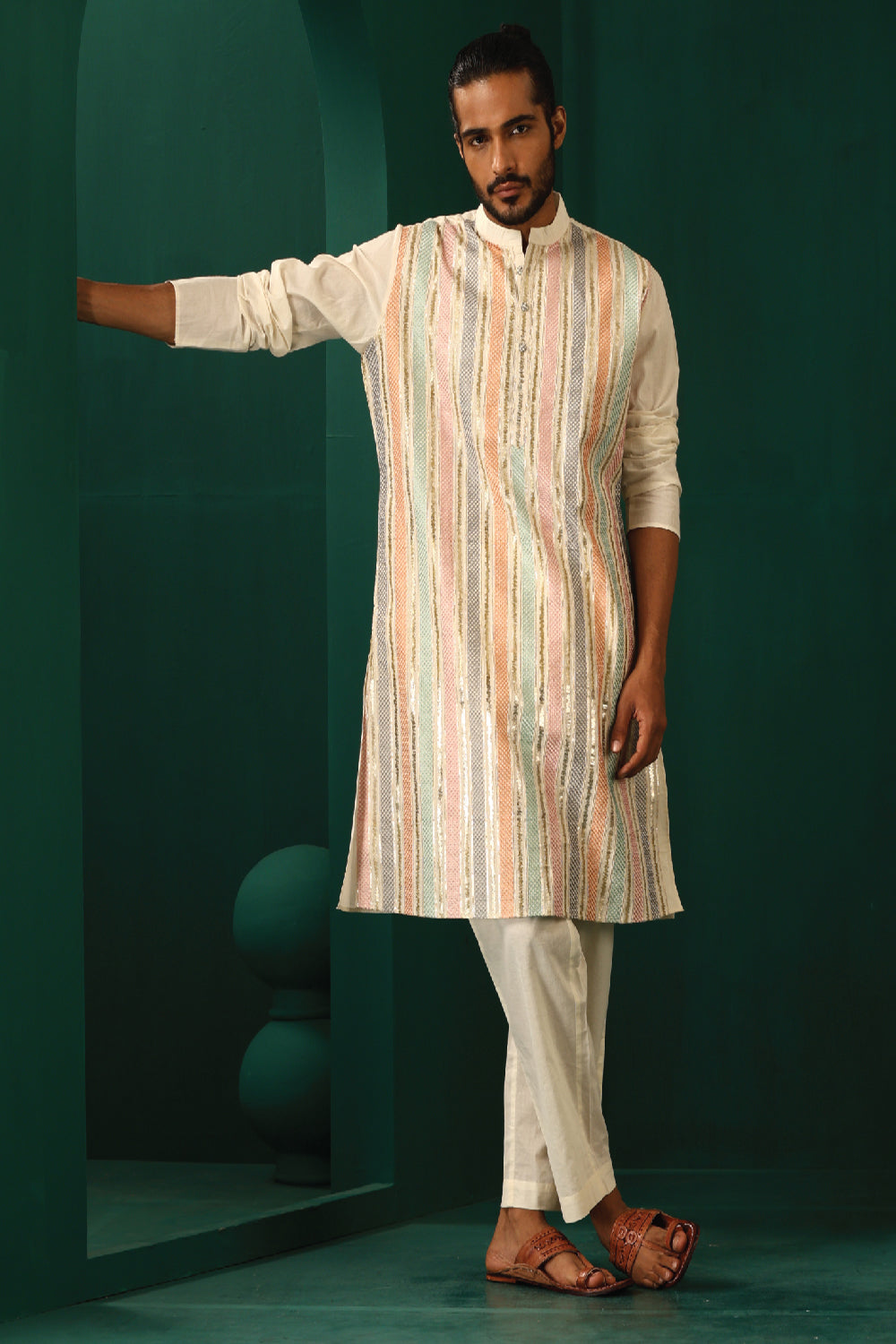 Truebrowns Men'S Ivory Multi Colour Striped Cotton Kurta