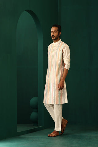 Truebrowns Men'S Ivory Multi Colour Striped Cotton Kurta