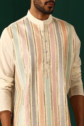 Truebrowns Men'S Ivory Multi Colour Striped Cotton Kurta