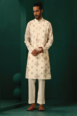 Truebrowns Men'S Ivory Peach Cotton Kurta