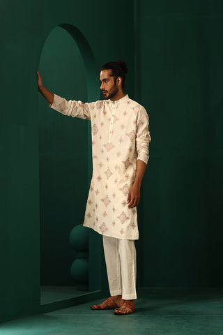 Truebrowns Men'S Ivory Peach Cotton Kurta