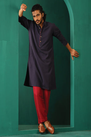 Truebrowns Men'S Navy Dobby Textured Kurta