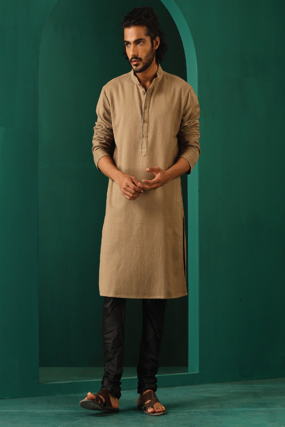 Truebrowns Men'S  Beige Dobby Textured Kurta