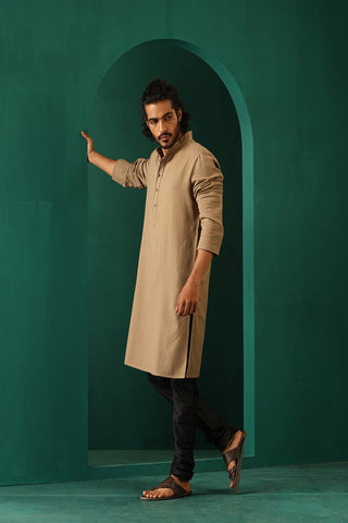 Truebrowns Men'S  Beige Dobby Textured Kurta