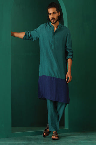 Truebrowns Men'S Blue Color Block Silk Long Kurta