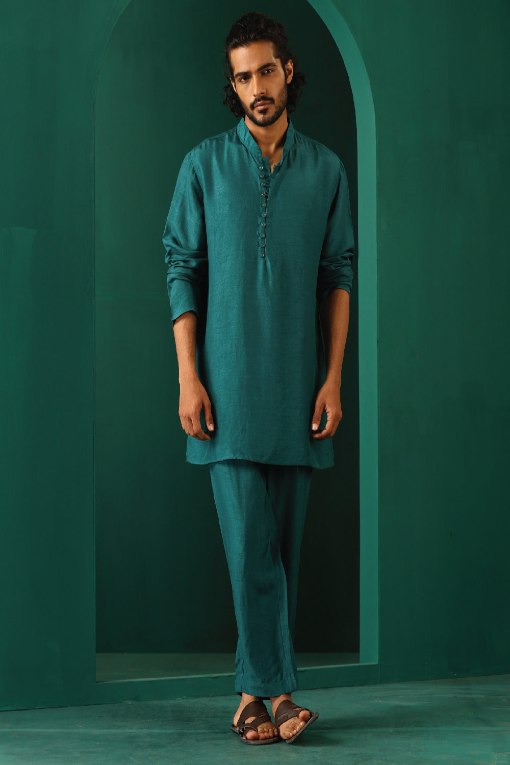 Truebrowns Men'S Teal Silk Co-Ord Set