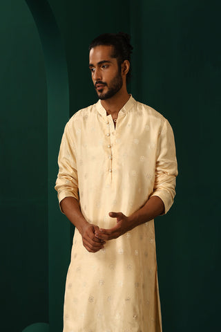 Truebrowns Men'S Ivory Geometric Floral Viscose Silk Long Kurta