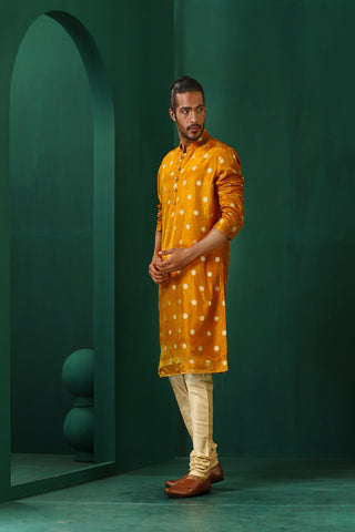 Truebrowns Men'S Mustard Geometric Floral Viscose Silk Long Kurta