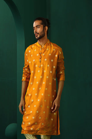 Truebrowns Men'S Mustard Geometric Floral Viscose Silk Long Kurta