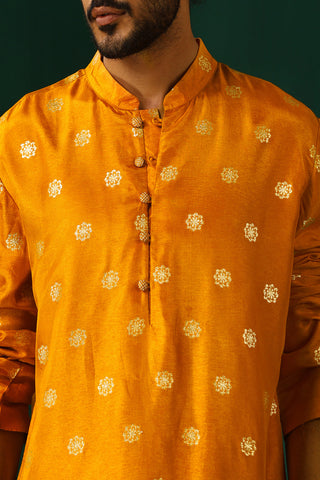 Truebrowns Men'S Mustard Geometric Floral Viscose Silk Long Kurta