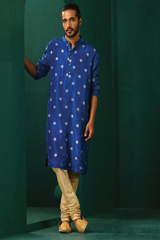 Truebrowns Men'S Royal Blue Geometric Floral Viscose Silk Long Kurta