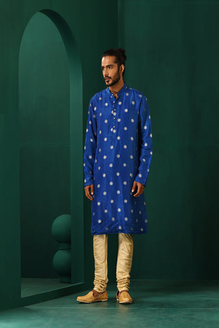 Truebrowns Men'S Royal Blue Geometric Floral Viscose Silk Long Kurta