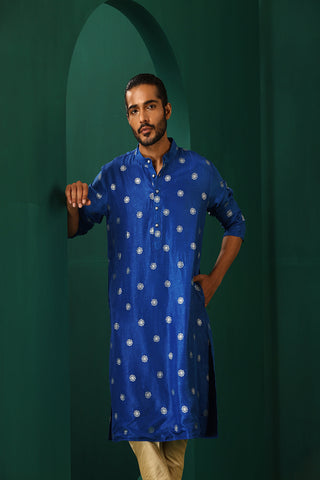 Truebrowns Men'S Royal Blue Geometric Floral Viscose Silk Long Kurta