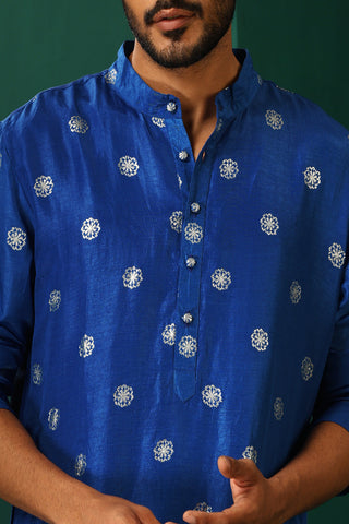 Truebrowns Men'S Royal Blue Geometric Floral Viscose Silk Long Kurta