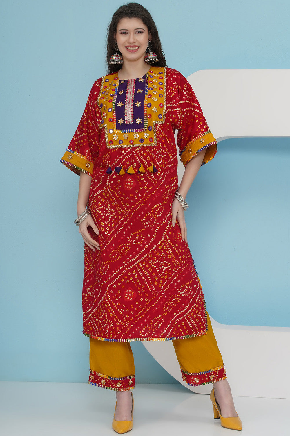 Red Bandhani Choga Set
