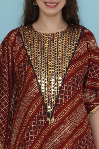Rust Bandhani Kaftaan Set