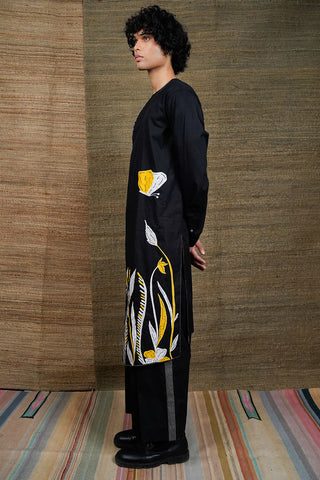 Overlay Black Kurta Paired With Straight Pants Embroidered